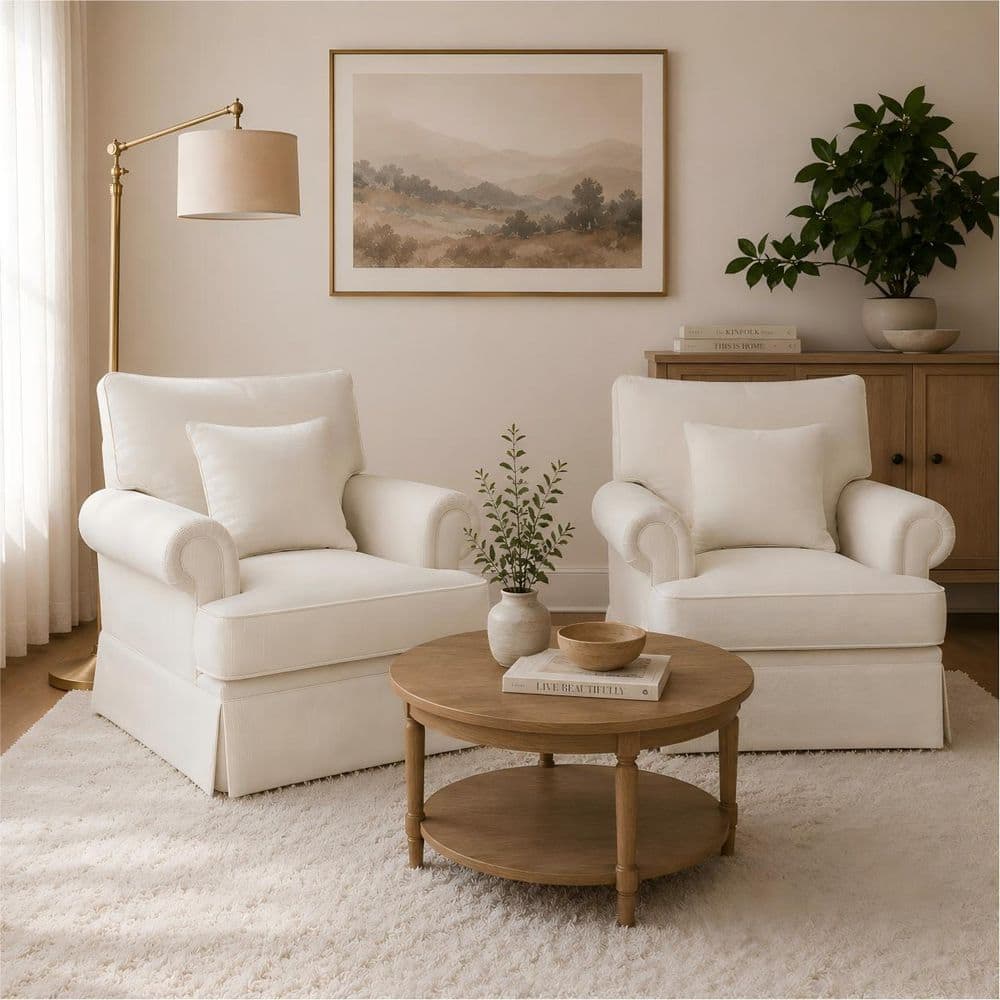 Mercury Cream White Chenille Arm Chair (Set of 2) with 360° Swivel Base and Lumbar Pillow price history