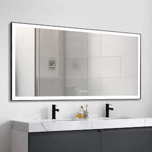 72 in. W x 36 in. H Large Rectangular Framed Anti-Fog Wall Mounted LED Bathroom Vanity Mirror in Matte Black with Light