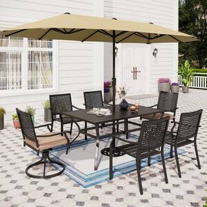 Black 8-Piece Metal Patio Outdoor Dining Set with Beige Umbrella and Swivel Chairs with Beige Cushions