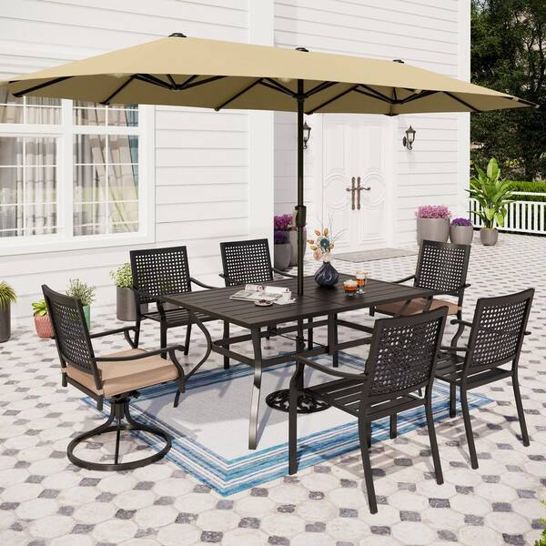 PHI VILLA Black 8-Piece Metal Patio Outdoor Dining Set with Beige Umbrella and Swivel Chairs with Beige Cushions