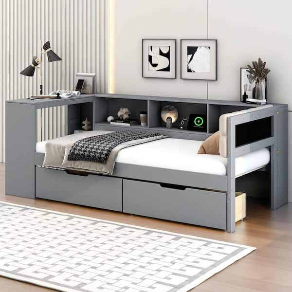 Gray Twin Size Daybed with Storage Shelves, Drawers, Charging Station