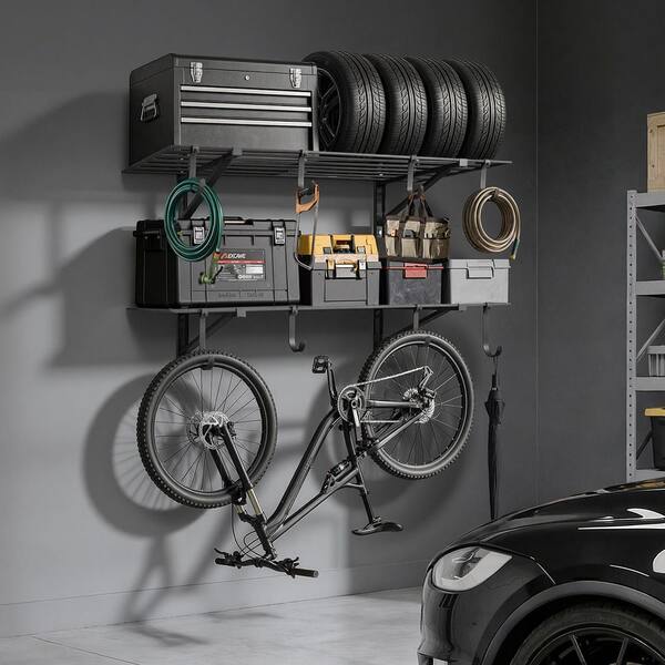 2-Tier Wall Garage Shelving, 2 x 4 ft. Steel Shelving Unit with Hooks, 24 x 48 in. Per Shelf, 520 lbs. Capacity, Black
