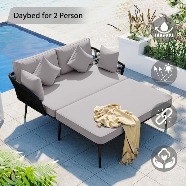 Unbranded Metal Outdoor Patio Day Bed with Woven Nylon Rope Backrest, Washable Cushions for Balcony, Poolside, for 2 Person, Gray