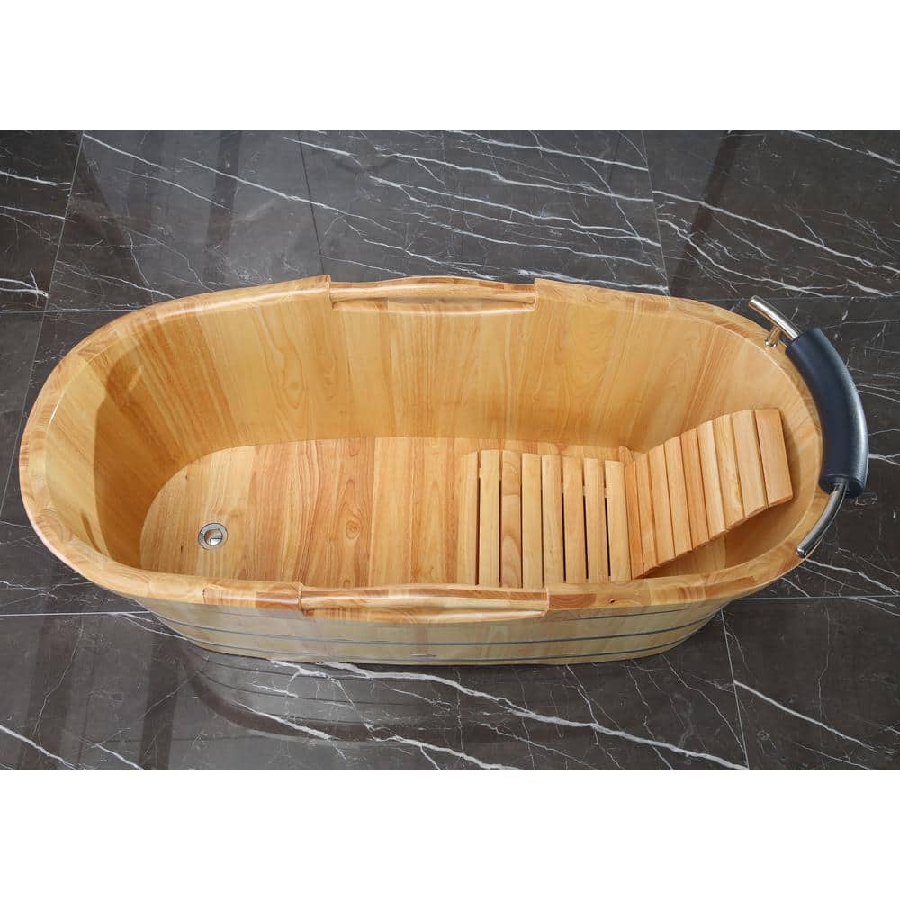 61'' Natural Oak Freestanding Soaking Bathtub with Cushion Headrest