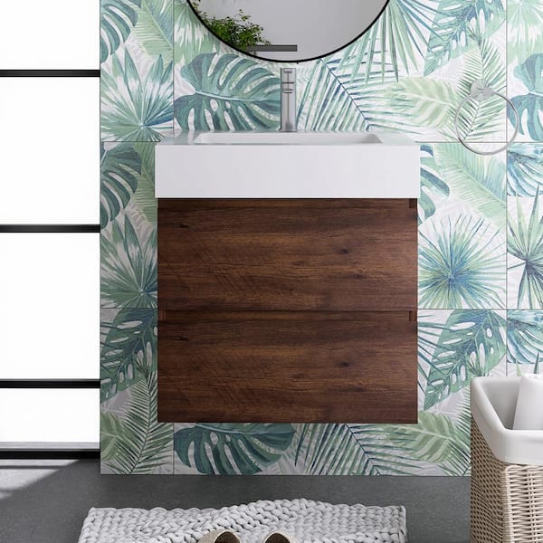 Staykiwi 24 in. W x 18.1 in. D x 25.2 in. H Wall-Mounted Bath Vanity in Walnut with White Solid Surface Top