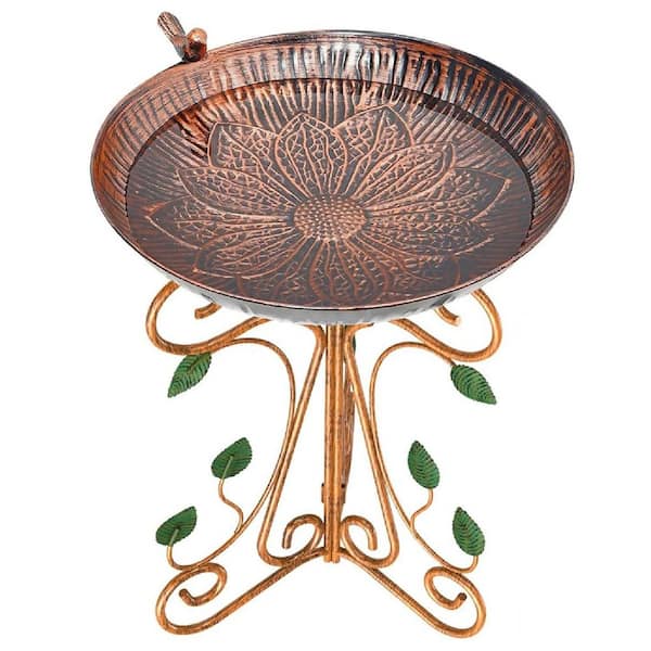 13 in. Dia Vintage Metal Bird Bath Copper Birdbaths with Cast Iron Pedestal