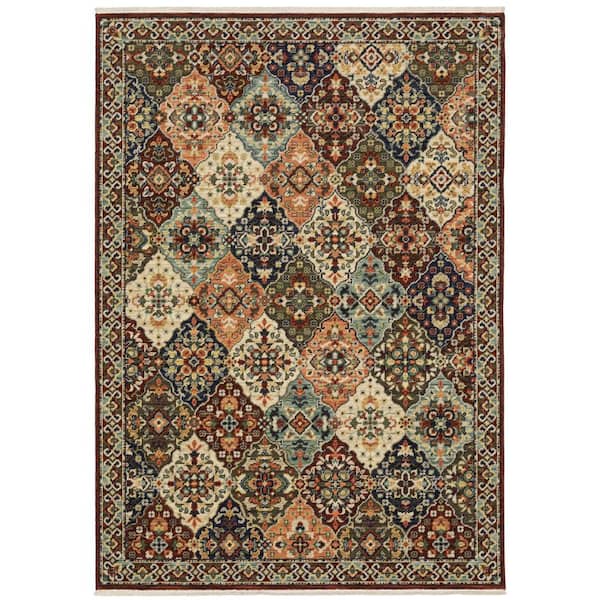 Lillian Red/Multi-Colored 8 ft. x 11 ft. Oriental Trefoil Wool/Nylon Blend Fringed-Edge Indoor Area Rug