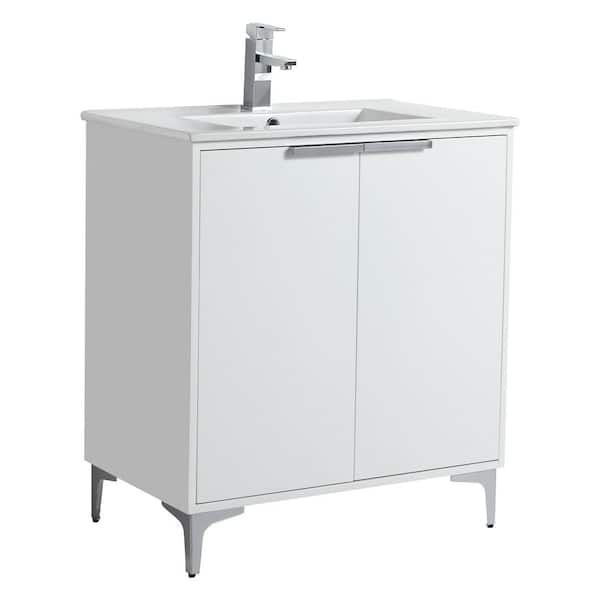FINE FIXTURES 30 in. W x 18.5 in. D x 35.25 in. H Single sink Bath Vanity in White with Chrome Hardware and White Ceramic Sink top