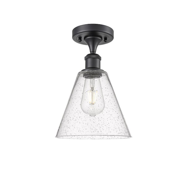 Innovations Berkshire 8 in. 1-Light Matte Black Industrial Semi-Flush Mount with Seeded Glass Shade