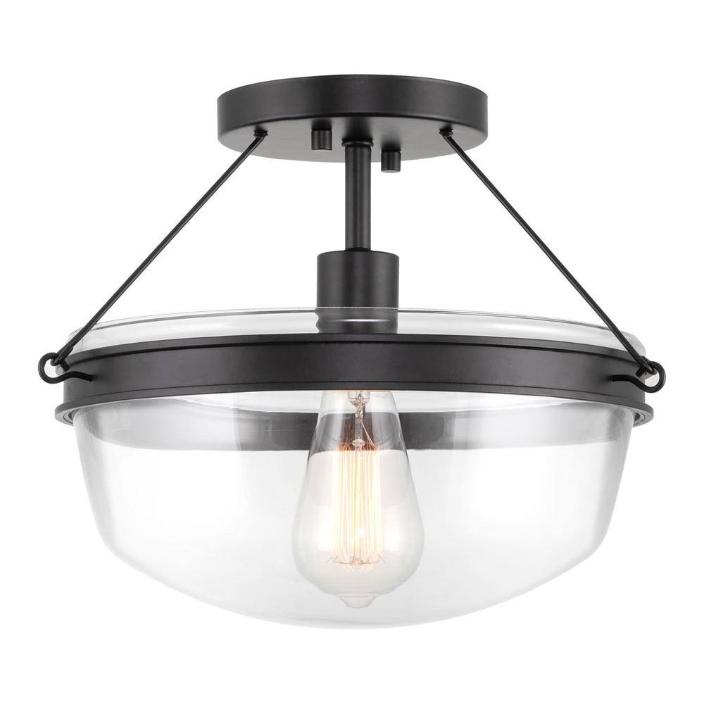 Kira Home Bolton 60Watt 1Light Black Transitional Semiflush with