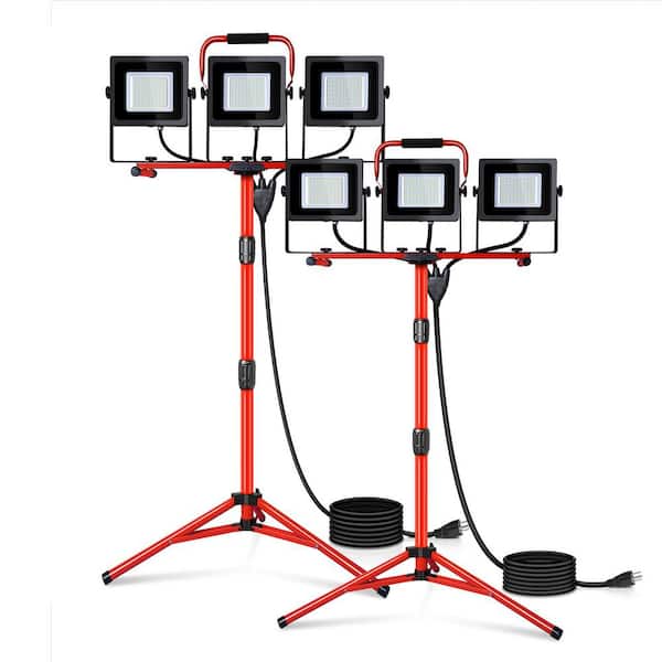 2-Pack 150W LED Work Lights with Tripod Stands, 15000 Lumens, 5000K, IP65, Black Aluminum Job Site Kit