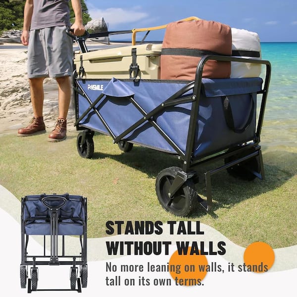Tunearary 4.94 cu. ft. Outdoor Metal Foldable Dark Blue Heavy-Duty Wagon Garden Cart with Non-Slip Wheels and Standxa
