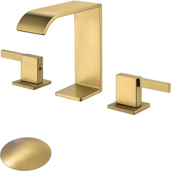 TRUSTMI 2 Handle 8 in. Widespread Bathroom Sink Faucet 3 Hole Waterfall Bathroom Faucet with Waste Drain, Brushed Gold