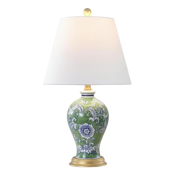 Grace 24 in. French Country Cottage Ceramic/Iron Floral Urn LED Table Lamp, Green/White