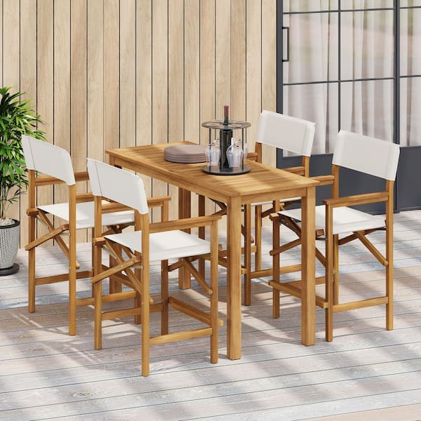 Ringold 5-Piece Patio Solid Wood and Fabric Rectangle Counter Height Outdoor Dining Set, Light Teak + Beige