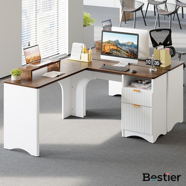 Bestier 55 in. Rectangular Walt and White 2-Drawer L Shaped