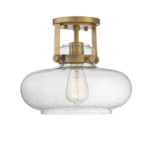 12 in. W x 10 in. H 1-Light Natural Brass Semi-Flush Mount Ceiling Light with Clear Seeded Glass Shade