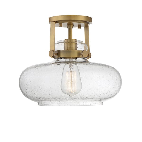 TUXEDO PARK LIGHTING 12 in. W x 10 in. H 1-Light Natural Brass Semi-Flush Mount Ceiling Light with Clear Seeded Glass Shade