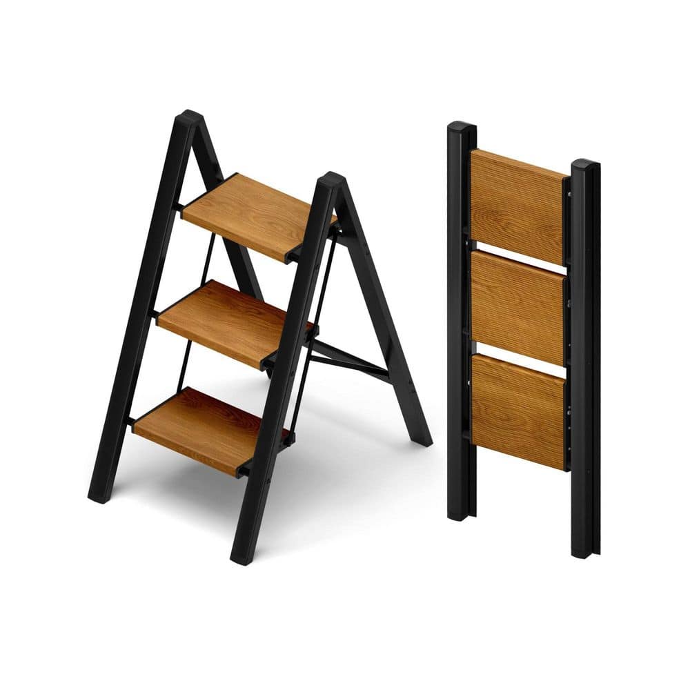 3-Step Reach Height Aluminum Folding Step Ladder, 330 lbs Capacity Black and Woodgrain Step Stool for Home Kitchen Use price history on PriceWatchPro