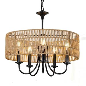 20 in. W 5-Light Farmhouse Chandelier with Hand Woven Wicker Shade, Brown Rattan Pendant Island, E12, No Bulbs Included