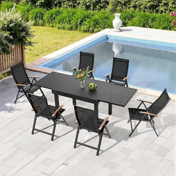 Black 7-Piece Metal Outdoor Dining Set with 82.7 in. Extension Table and Foldable Chairs