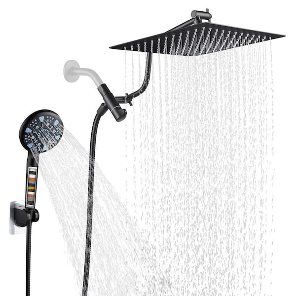 Heemli Rainfull 2-in-1 9-Spray Patterns with 1.8 GPM 12 in. Wall Mount Dual Shower Head and Handheld Shower Head in Black