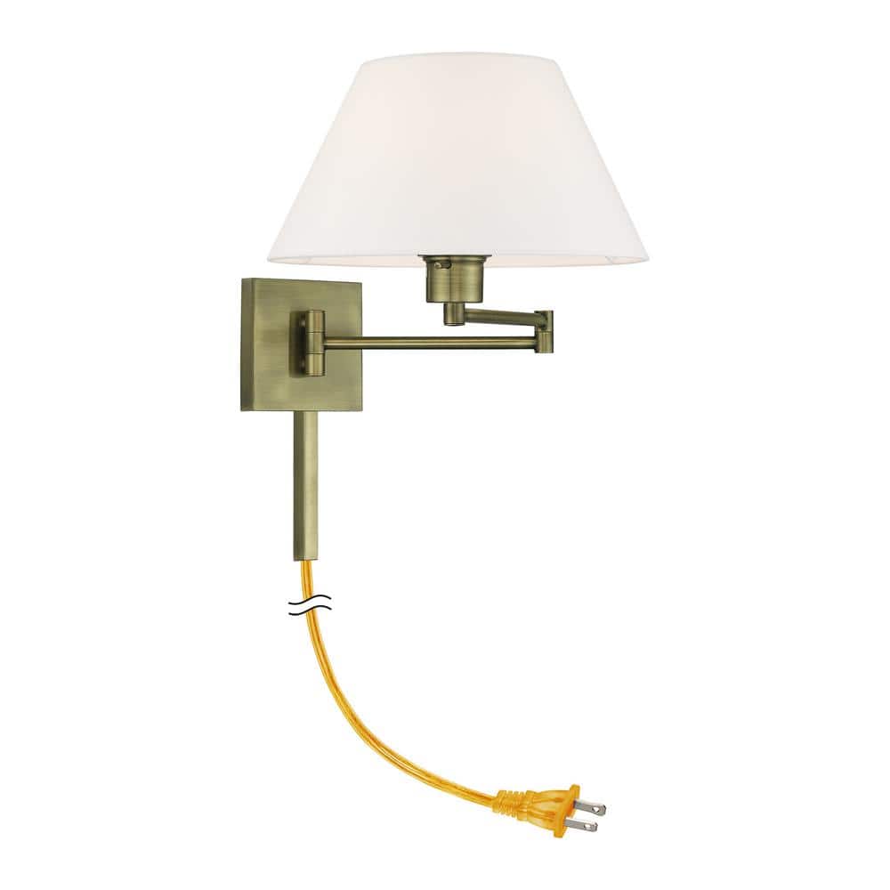 Antique Brass Swing Arm Wall Lamp with Fabric Shade