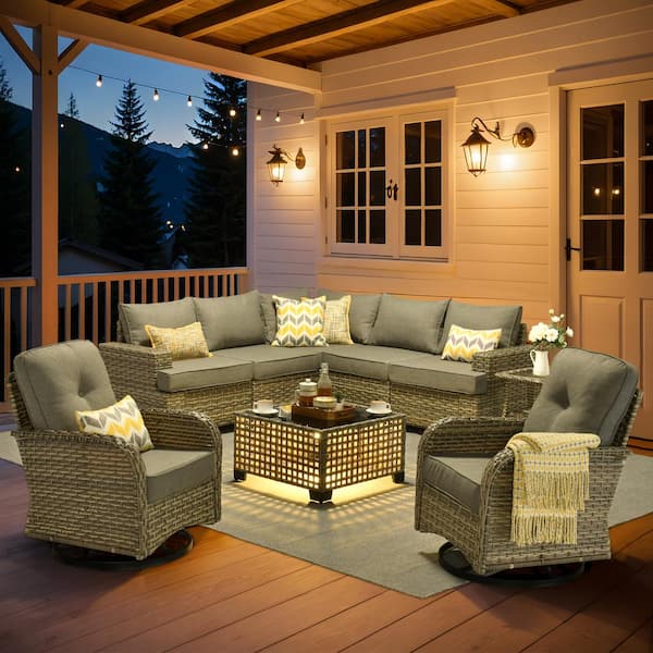 XIZZI Aimee 9-Piece Wicker Patio Conversation Seating Sofa Set with Dark Gray Cushions and Swivel Rocking Chairs