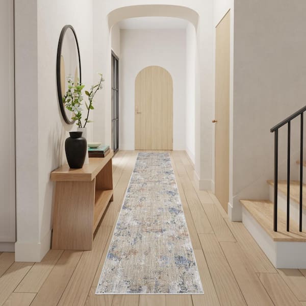 Modern Abstract Beige Grey 2 ft. x 12 ft. Abstract Contemporary Runner Area Rug