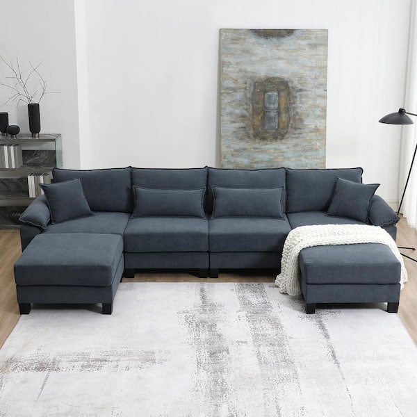 J&E Home 133 in. Square Arm 6-piece U-Shaped Corduroy Modern Sectional Sofa in. Gray with Ottoman