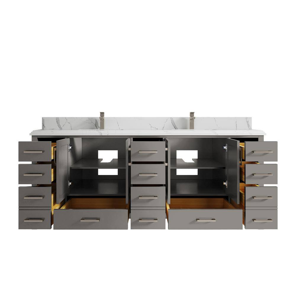 Elephant Skin Gray Double Sink Freestanding Solid Wood Vanity with Quartz Top