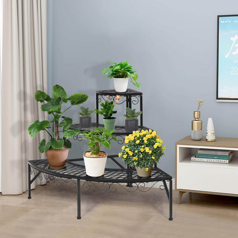 Elegant Black Metal 3-Tier Corner Plant Stand Display Rack