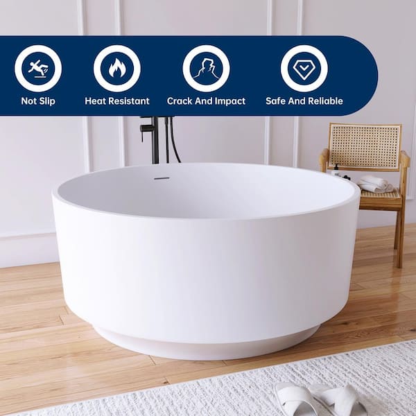 49.2 in. x 49.2 in. Round Stone Resin Solid Surface Flatbottom Freestanding Soaking Bathtub in Matte White
