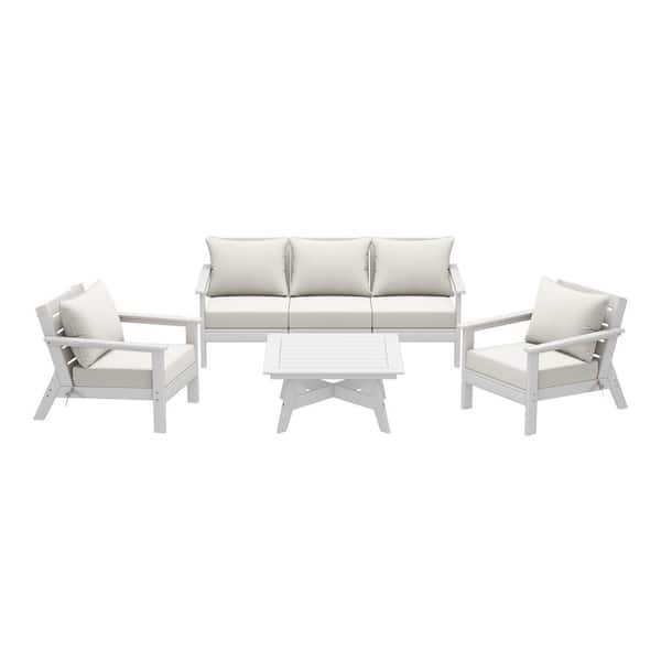 WESTIN OUTDOOR Birchwood White Arrangeable 6-Piece Outdoor Plastic HDPE Deep Seating Patio Conversation Sofa Set w/ White Cushions