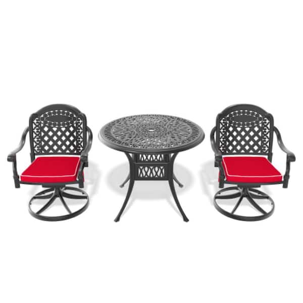 3-Piece Aluminum Outdoor Dining Set with Red Cushions, 2 Swivel Chairs and 1 Round Table, Patio Furniture Set