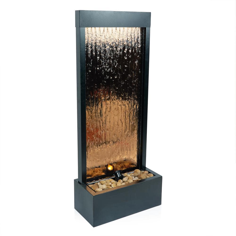 Bronze Mirror Waterfall Fountain with Stones and Lights, 48" Tall