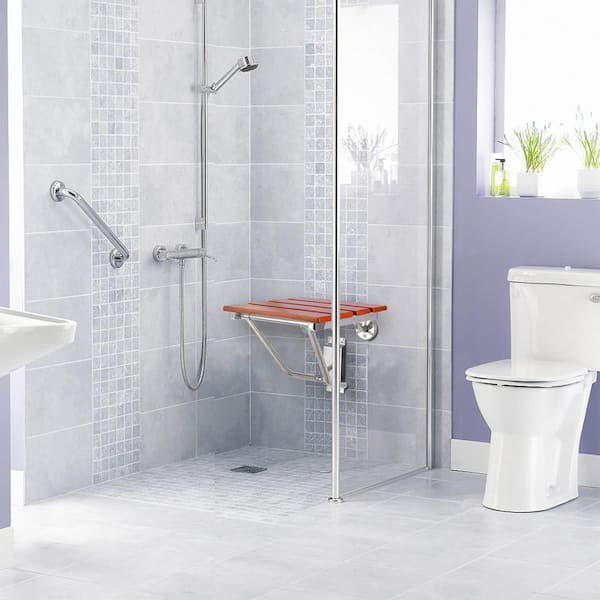 Numhew Wall Mounted Folding Teak Wood Shower Seat, Shower Bench in