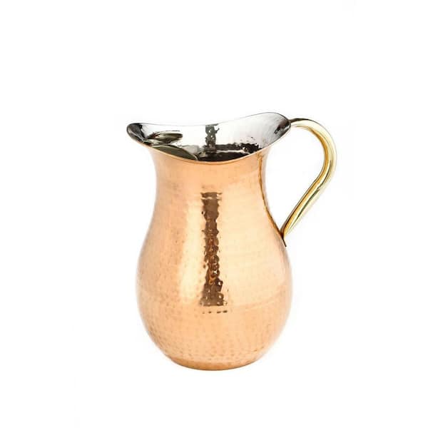 Old Dutch 2.25 Qt. Decor Copper Hammered Stainless Steel Water Pitcher with Brass Ice Guard and Handle