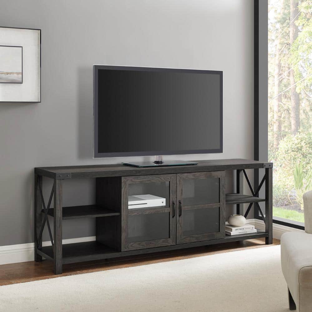 Welwick Designs 70 in. Sable Wood and Glass Door Farmhouse MetalX TV