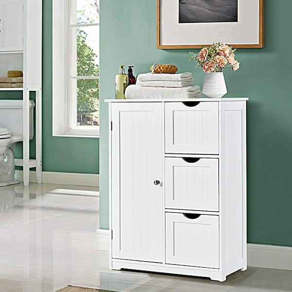 24 in. W x 12 in. D x 32 in. H White Bathroom Linen Cabinet Freestanding Storage Cabinet with 3 Drawers 1 Door