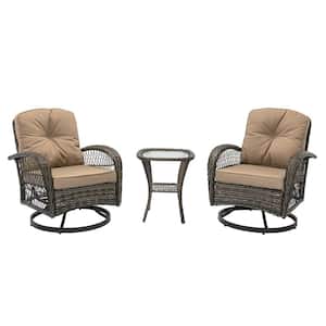 3-Piece Wicker Outdoor Bistro Set with Swivel Rockers Glass-Top Table and Khaki Cushions