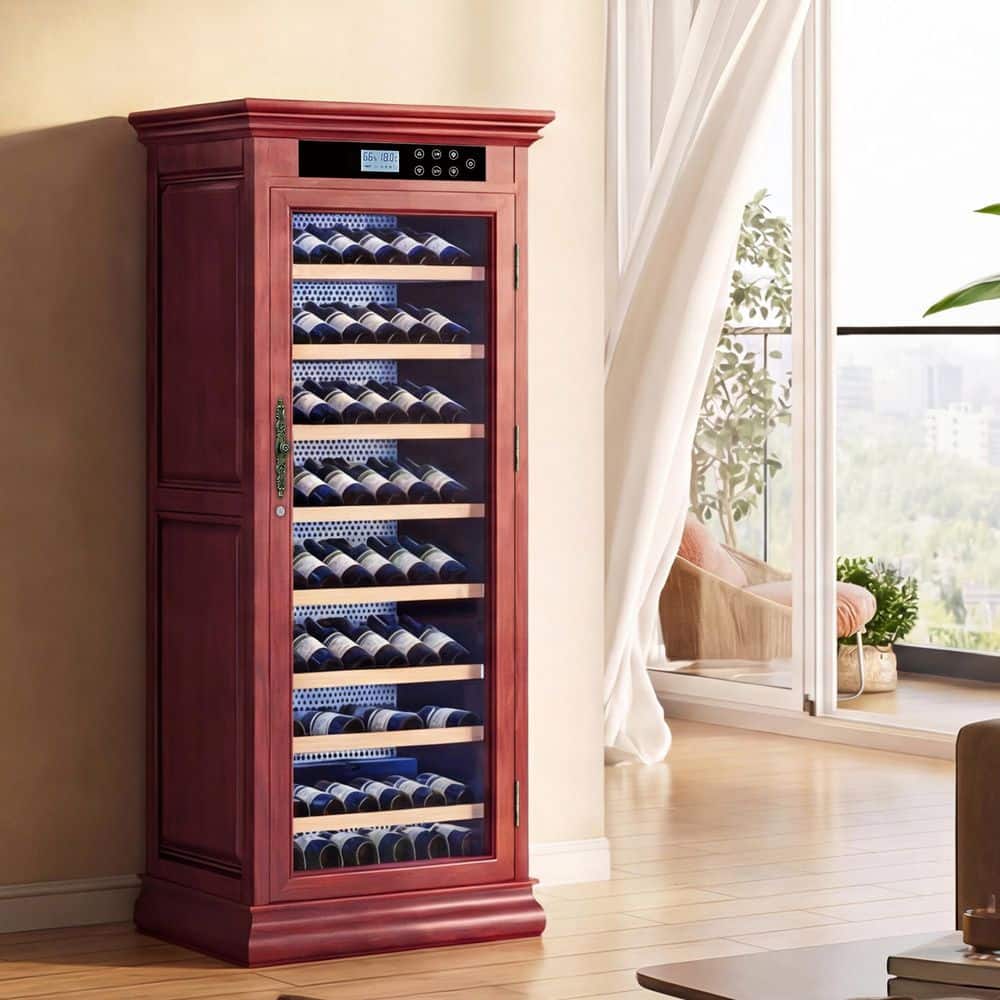 66" Cherry Red Wood Wine Cooler with LED Lighting, Freestanding Digital Wine Cabinet with Glass Door & Lock