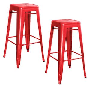 30 in. Red Metal, Backless, Stackable Bar Stool (Set of 2)