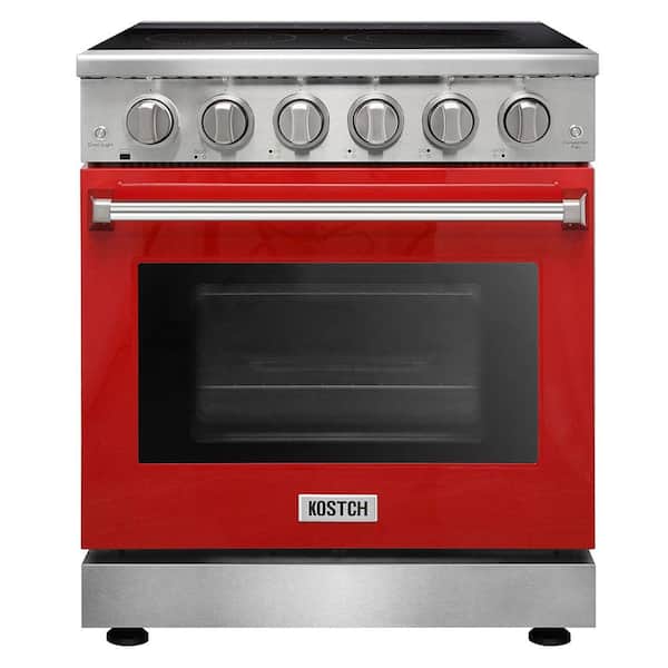 30 in. 5 Elements Freestanding Electric Range in Stainless Steel with 4.55 cu. ft. True Convection and Red Oven Door