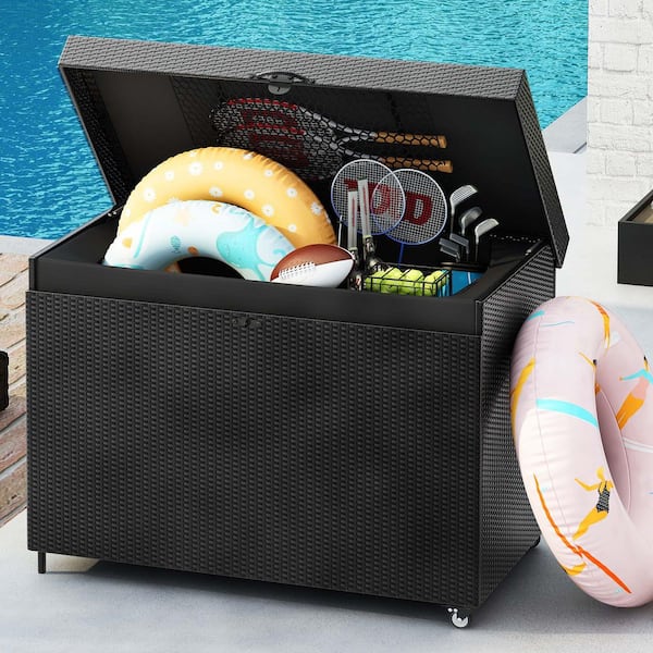 230 gal. Wicker Deck Box with Wheels in Black