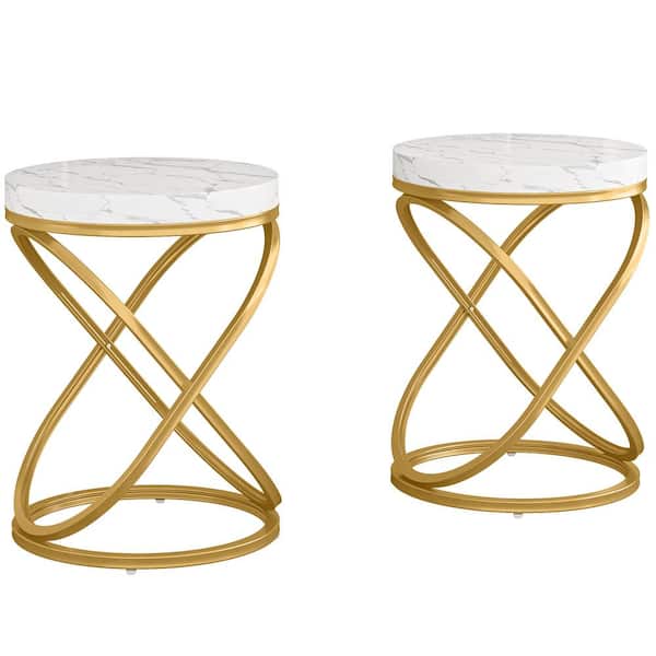 BYBLIGHT Kerlin 19.7 in. 2 PCS White and Gold Round Faux Marble Side Table End Side Table with Double X-Shaped Ring