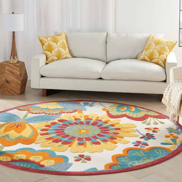 Aloha Multicolor 8 ft. x 8 ft. Round Floral Contemporary Indoor/Outdoor Patio Area Rug