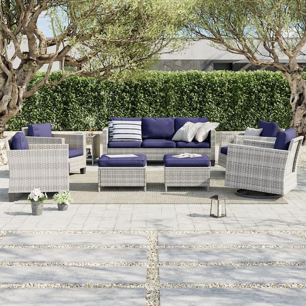 8-Piece Patio Sofa Set Gray Wicker Outdoor Furniture Set Swivel Rocking Sofa, Navy Blue Cushions