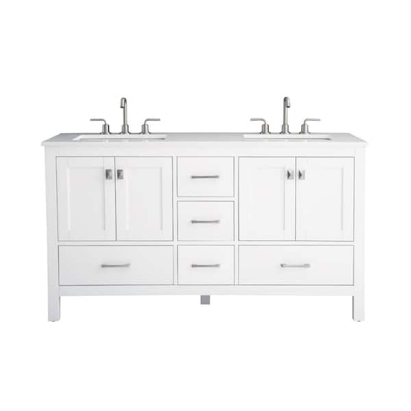 Vanea 60 in. Double Freestanding White Bath Vanity with White Quartz Top