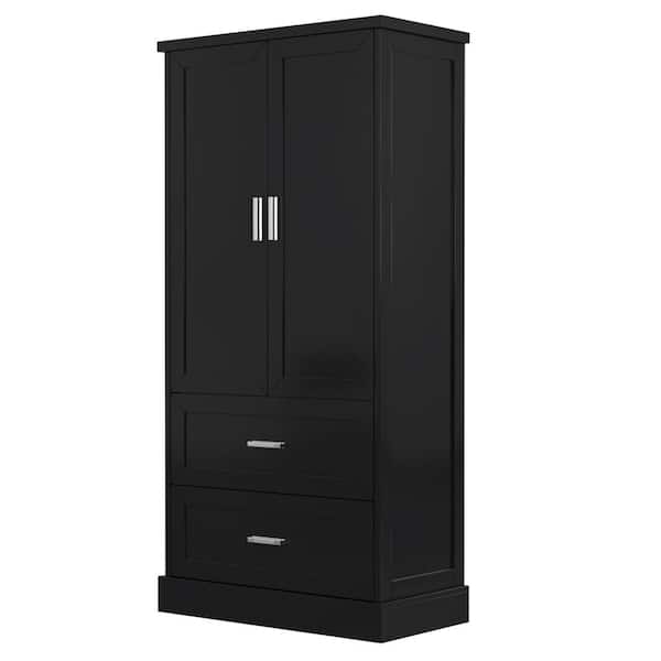 31.30 in. W x 16.00 in. D x 64.00 in. H Black MDF Freestanding Linen Cabinet with Drawers and Adjustable Shelves